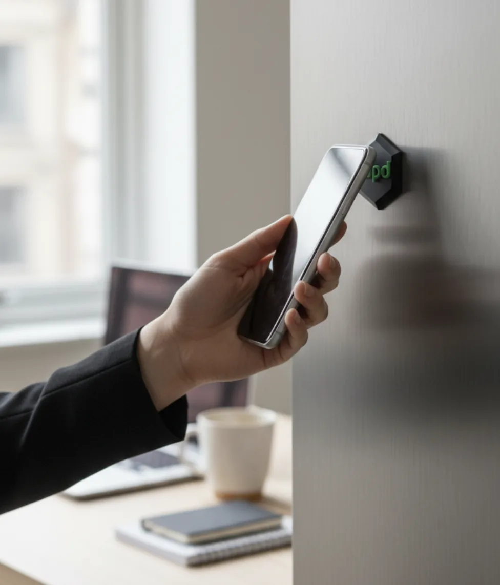A hand holding a phone against a wall-mounted Tapd hexagon tag beside a desk.
